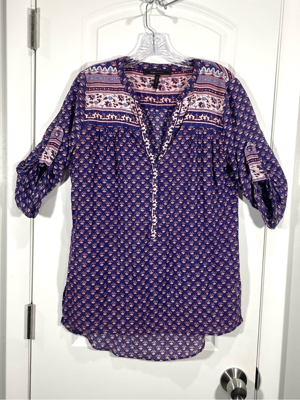 BCBGMAXAZRIA Blue Boho Print Metallic Cotton Peasant Blouse cottagecore